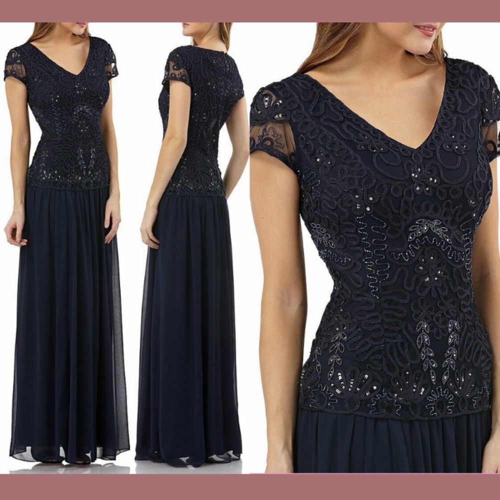 NWT $348 JS COLLECTIONS Soutache Appliqué Gown‎ Blue [SZ 12 ]